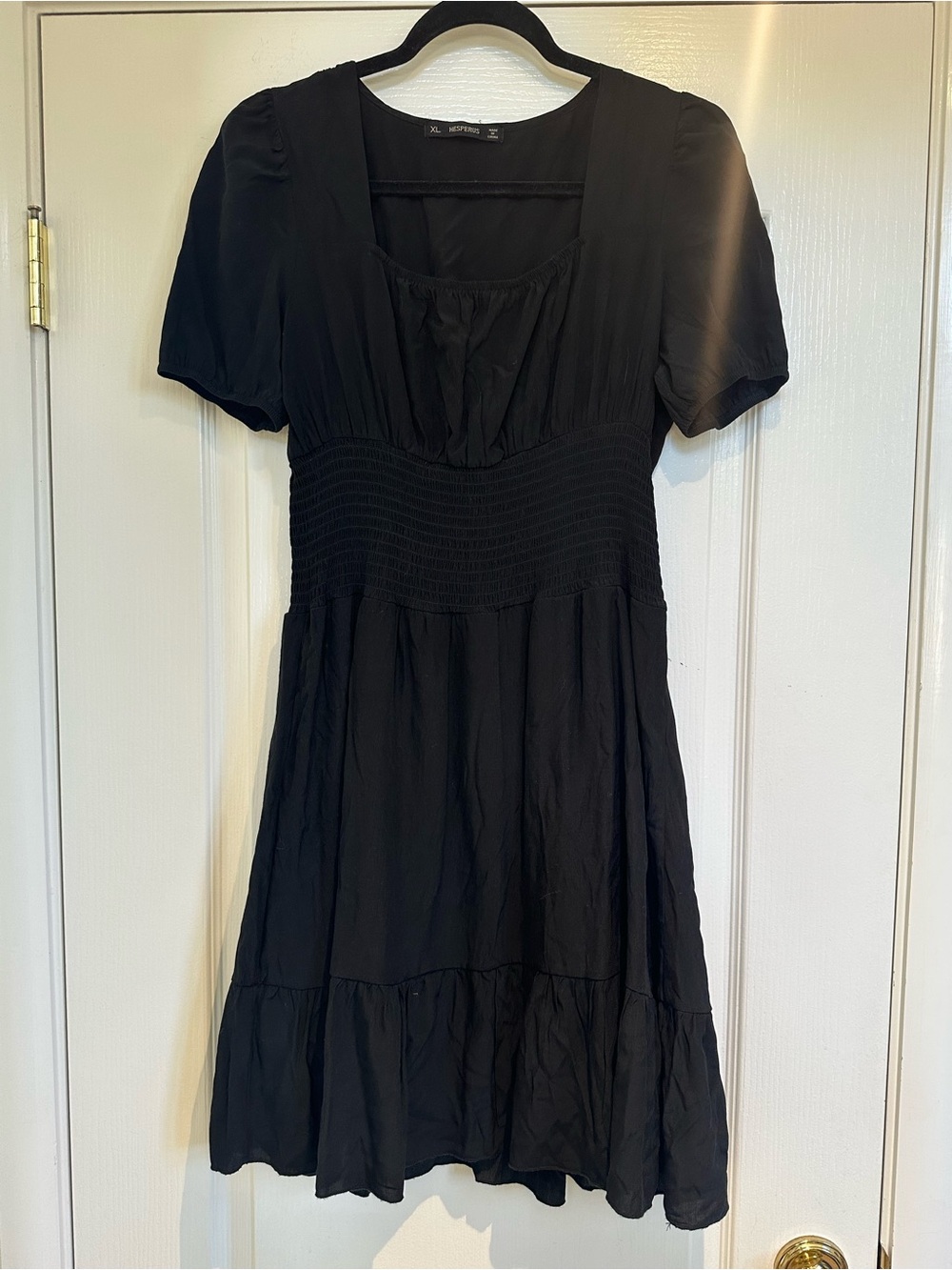 Black Smocked-Waist Midi Dress with Short Sleeves